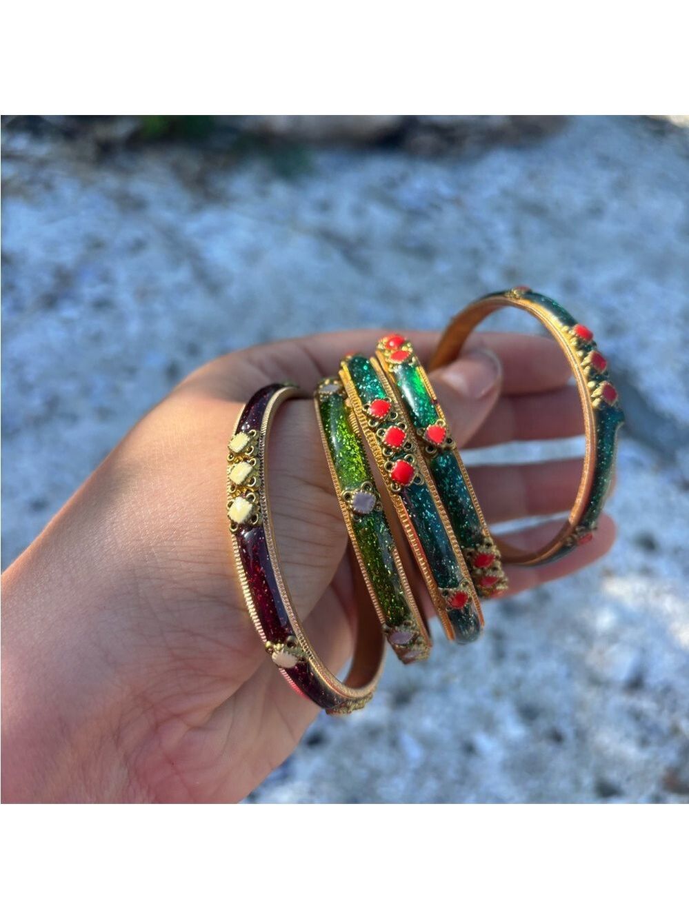 SET OF 5 Bright Multicolour Bangles Set Red and Green - Picture 4 of 9